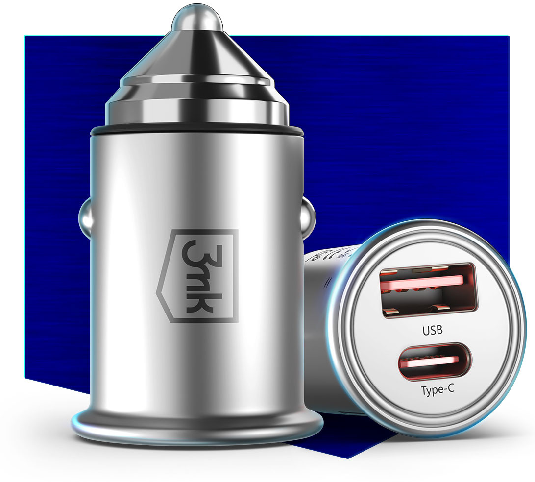 Billaddare 3MK HyperCharger, 30W, 5A, 1 x USB-A - 1 x USB-C, Silver