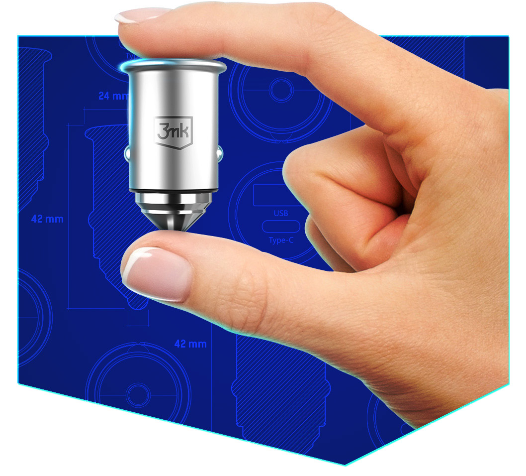 Billaddare 3MK HyperCharger, 30W, 5A, 1 x USB-A - 1 x USB-C, Silver