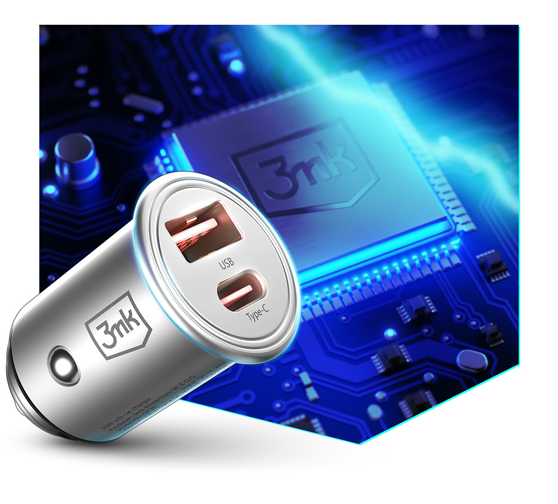 Billaddare 3MK HyperCharger, 30W, 5A, 1 x USB-A - 1 x USB-C, Silver