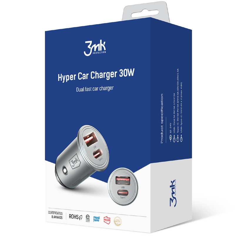 Billaddare 3MK HyperCharger, 30W, 5A, 1 x USB-A - 1 x USB-C, Silver