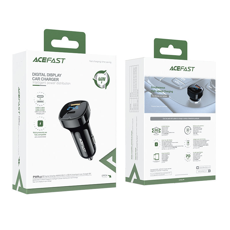 Bil laddare Acefast B4, 66W, 3A, 1 x USB-A - 1 x USB-C, Svart