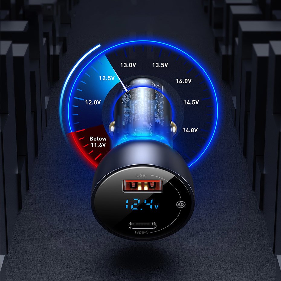 Baseus Bil Laddare, 65W, 5A, 1 x USB-A - 1 x USB-C, Grå CCKX-C0A
