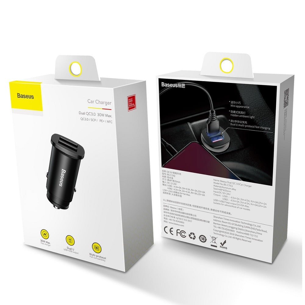 Billaddare Baseus BS-C15Q, 30W, 5A, 2 x USB-A, Svart CCALL-DS01