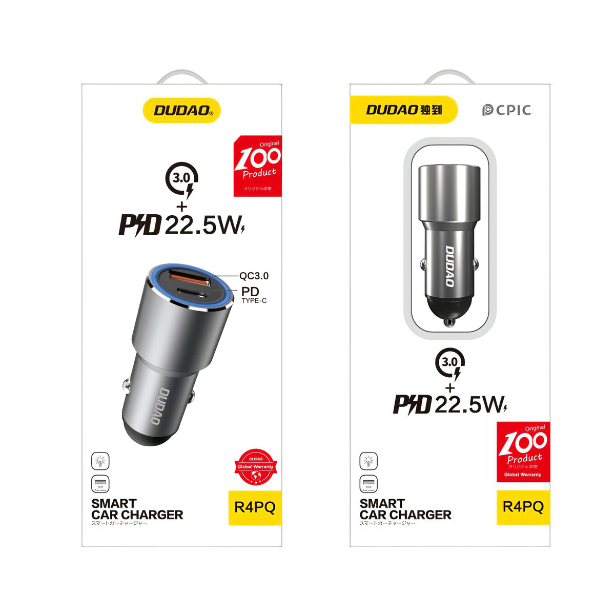 USB Billaddare Dudao R4PQ, 1 X USB - 1 X USB Typ-C, 22,5 W, Quick Charge - Power Delivery, Grå
