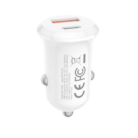 Bil laddare XO Design CC69, 30W, 3A, 1 x USB-A - 1 x USB-C, Vit
