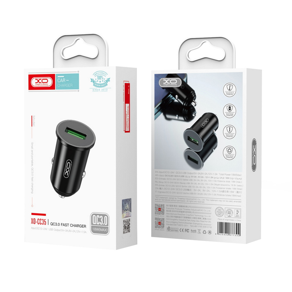 Bil laddare XO Design CC35, 18W, 3A, 1 x USB-A, Svart