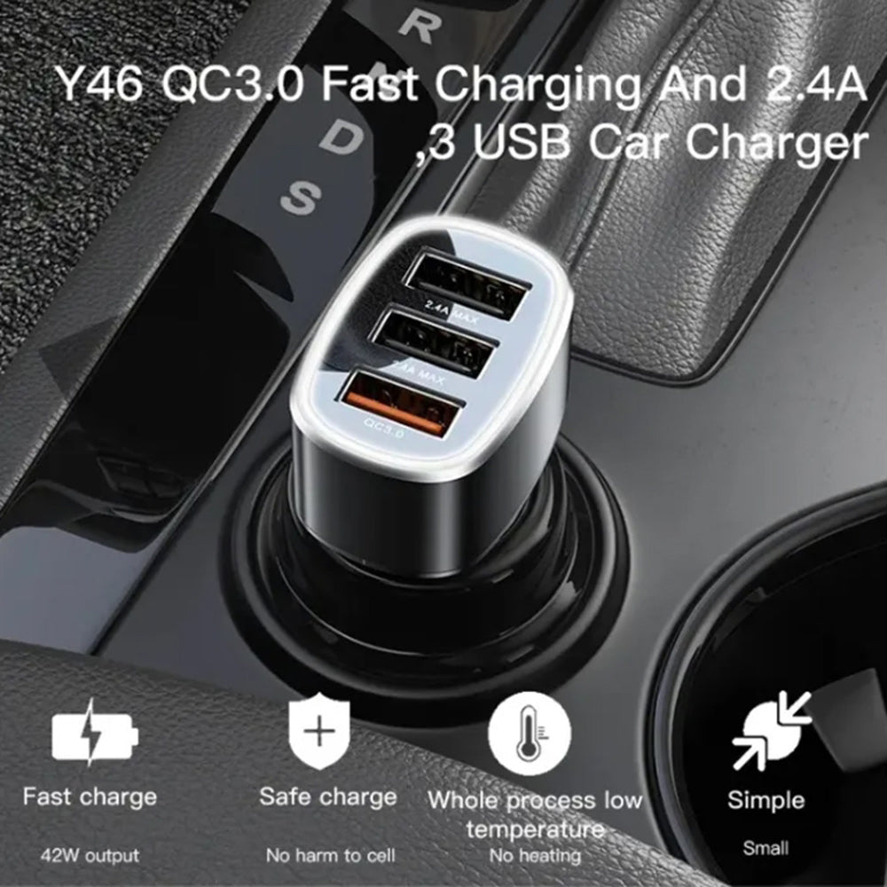 Bil laddare Yesido Y46, 42W, 3A, 3 x USB-A, Svart
