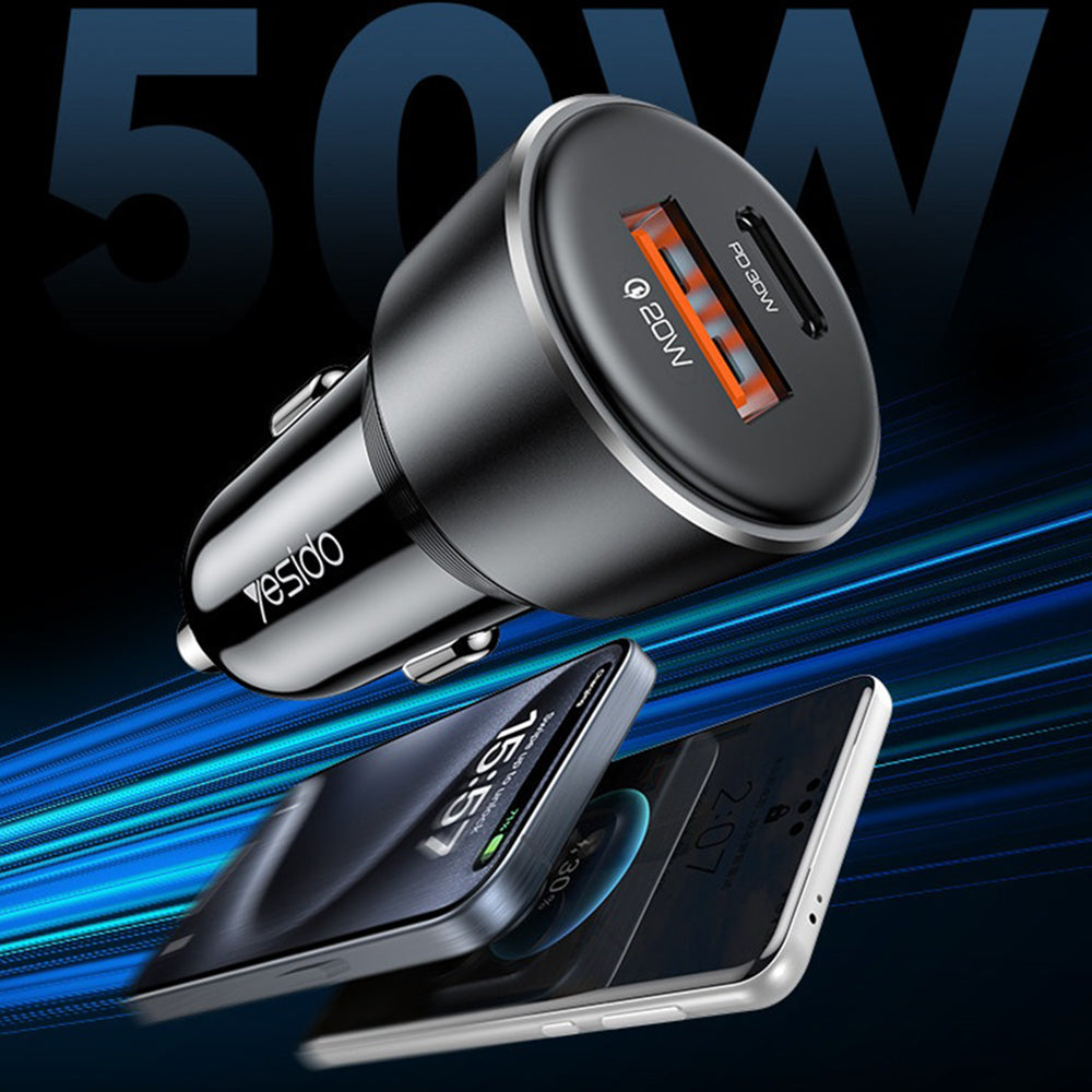 Bil laddare Yesido Y64, 50W, 3A, 1 x USB-A - 1 x USB-C, Svart