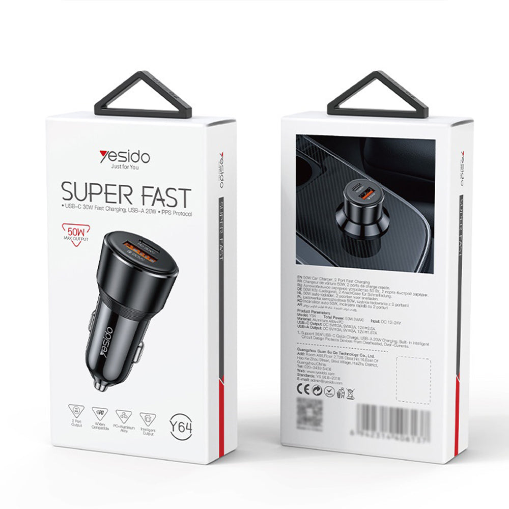 Bil laddare Yesido Y64, 50W, 3A, 1 x USB-A - 1 x USB-C, Svart