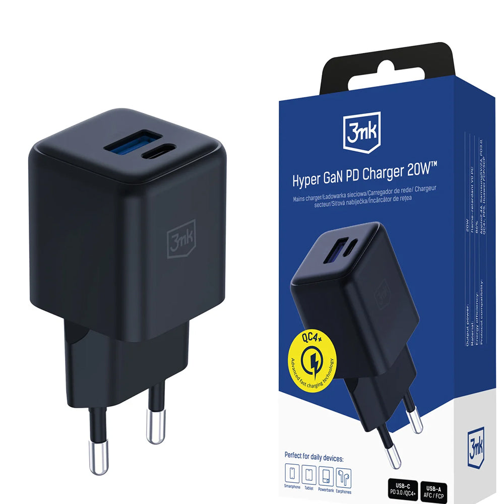Nätverksladdare 3MK Hyper, 20W, 3A, 1 x USB-A - 1 x USB-C, Svart