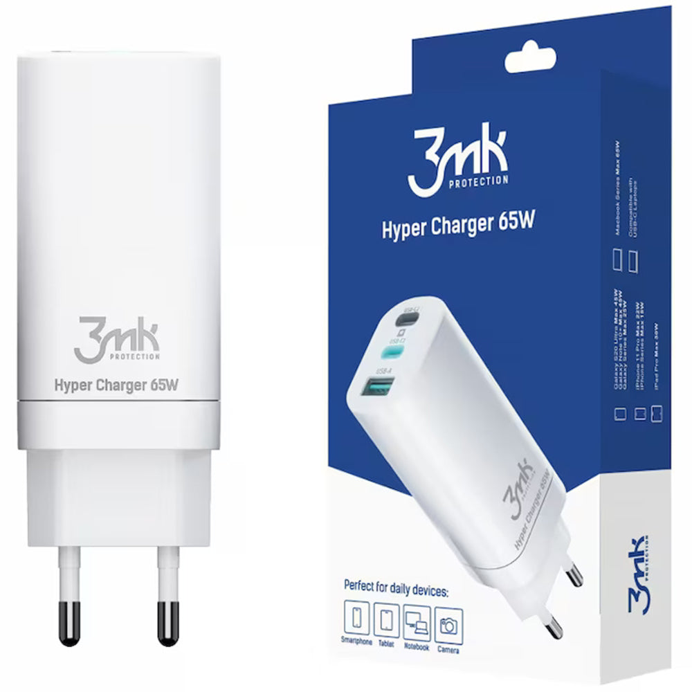 Nätadapter 3MK HyperCharger, 65W, 5A, 1 x USB-A - 2 x USB-C, Vit