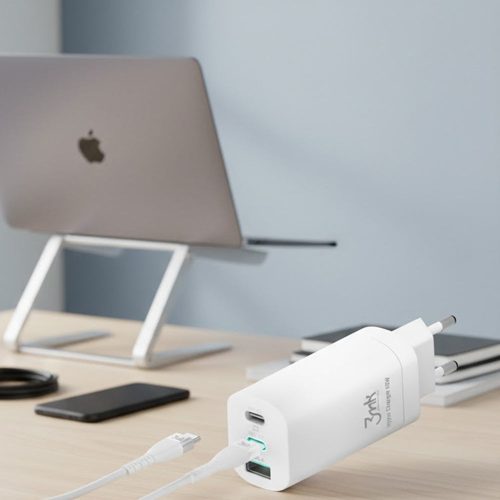 Nätadapter 3MK HyperCharger, 65W, 5A, 1 x USB-A - 2 x USB-C, Vit