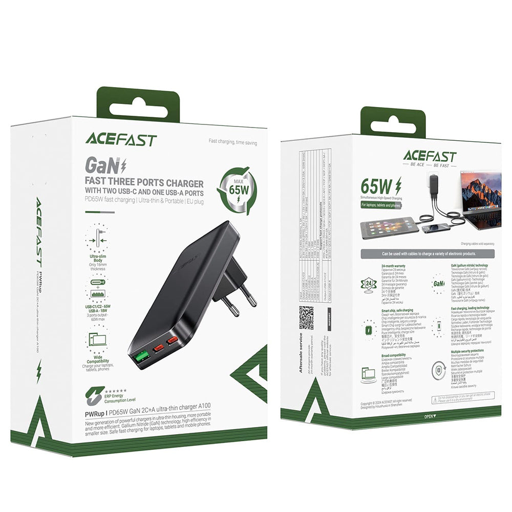 Nätverksladdare Acefast A100, 65W, 3.25A, 1 x USB-A - 2 x USB-C, Svart