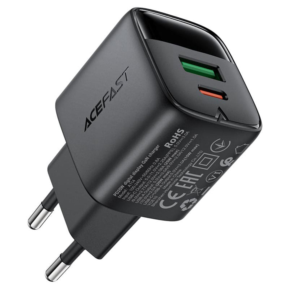 Acefast A114 Display Nätverksladdare, 25W, 3A, 1 x USB-A - 1 x USB-C, Svart