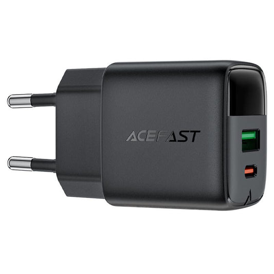 Acefast A114 Display Nätverksladdare, 25W, 3A, 1 x USB-A - 1 x USB-C, Svart
