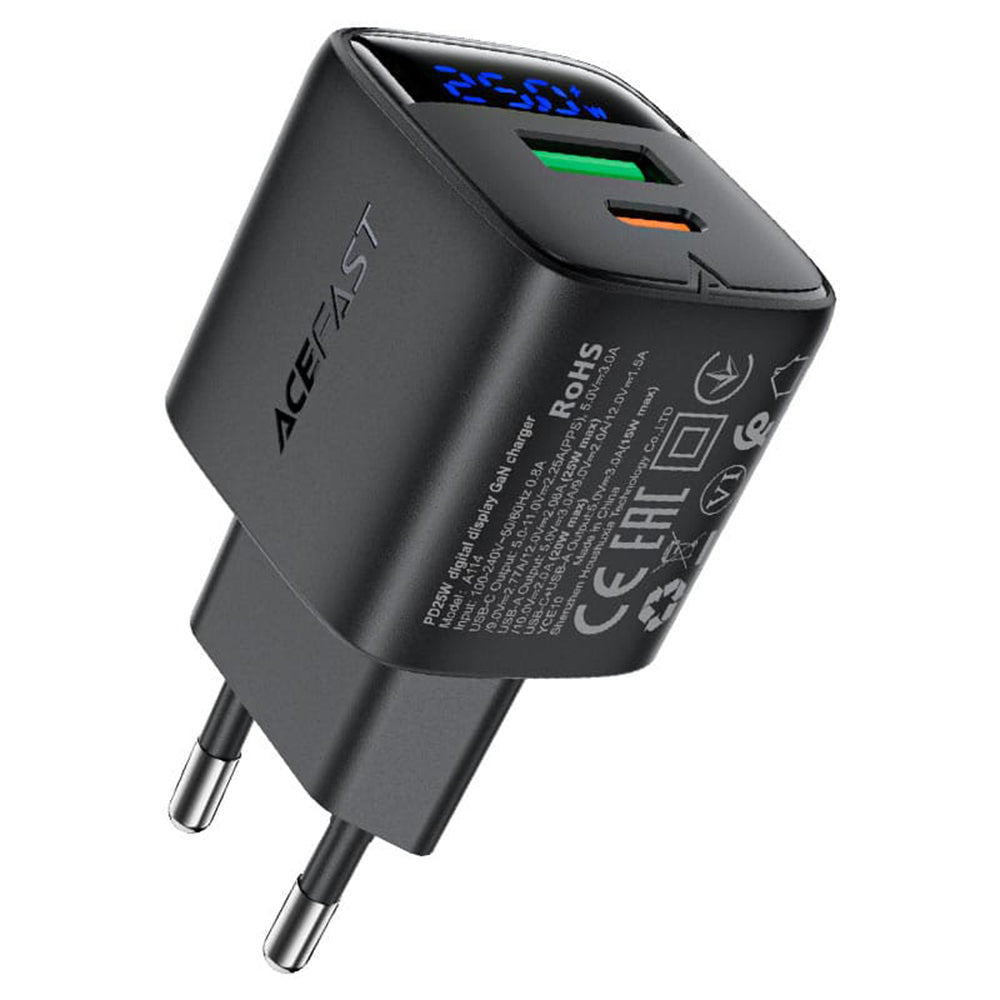 Acefast A114 Display Nätverksladdare, 25W, 3A, 1 x USB-A - 1 x USB-C, Svart