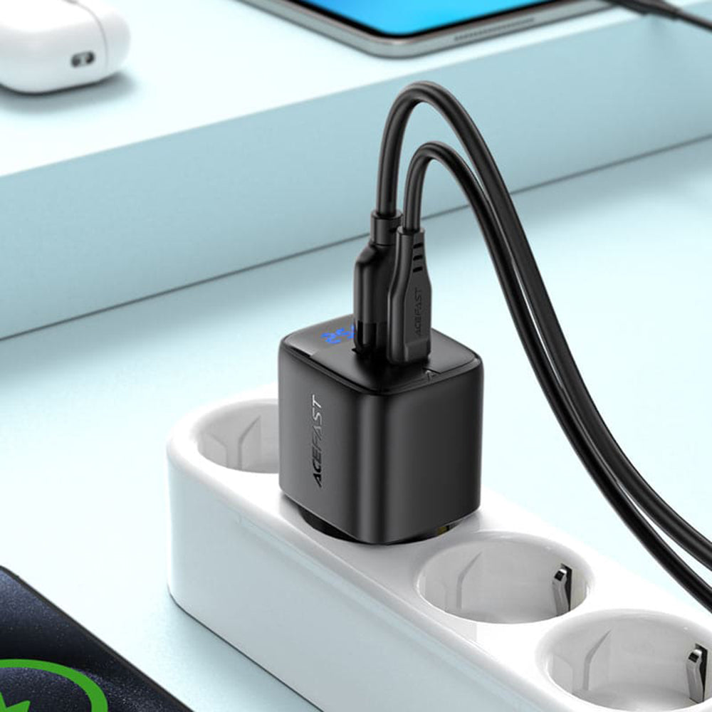 Acefast A114 Display Nätverksladdare, 25W, 3A, 1 x USB-A - 1 x USB-C, Svart