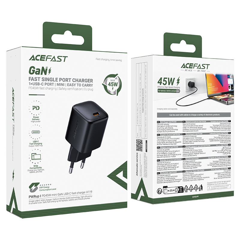 Nätverksladdare Acefast A119, 45W, 3A, 1 x USB-C, Svart