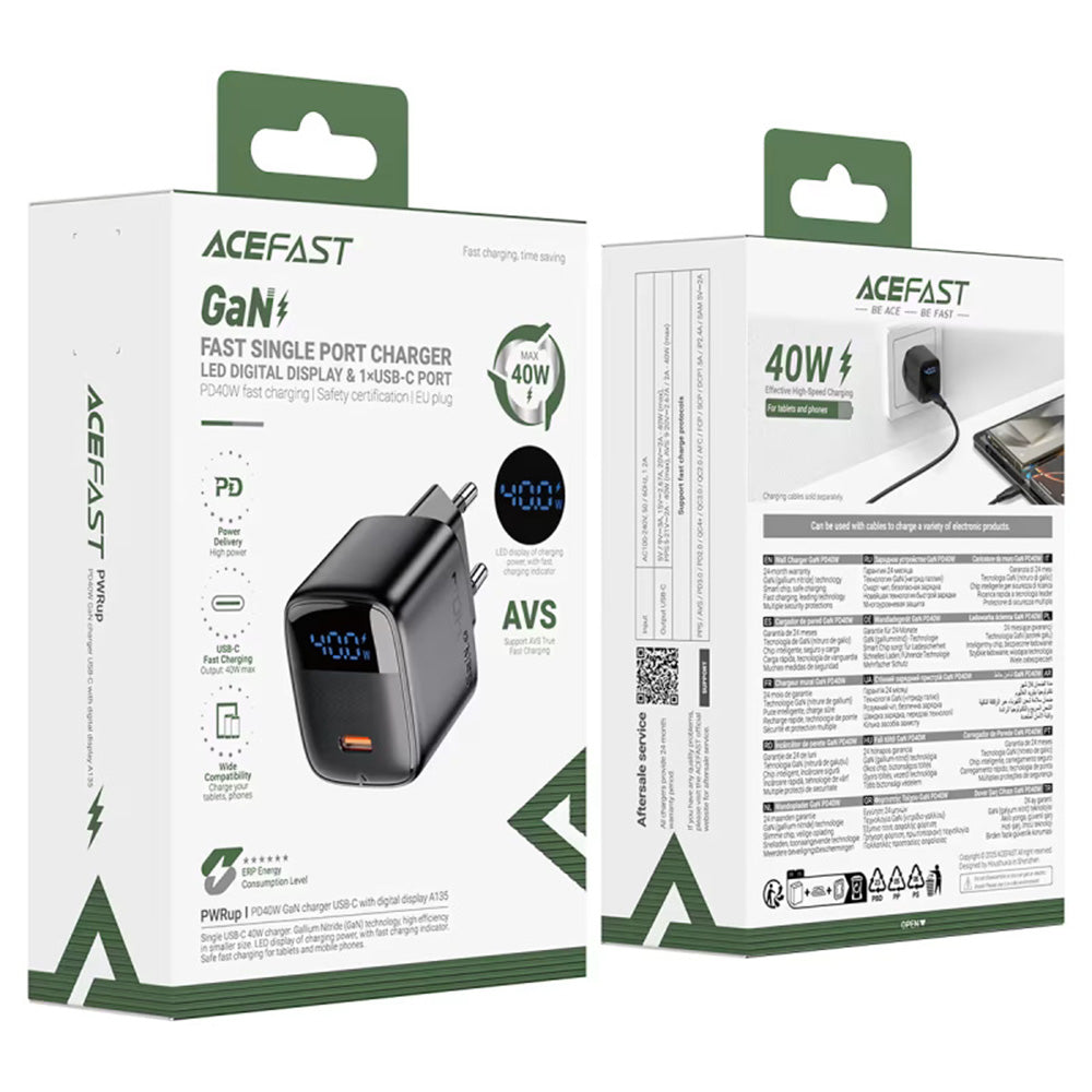 Acefast A135 Nätverksladdare Display, 45W, 3A, 1 x USB-C, Svart