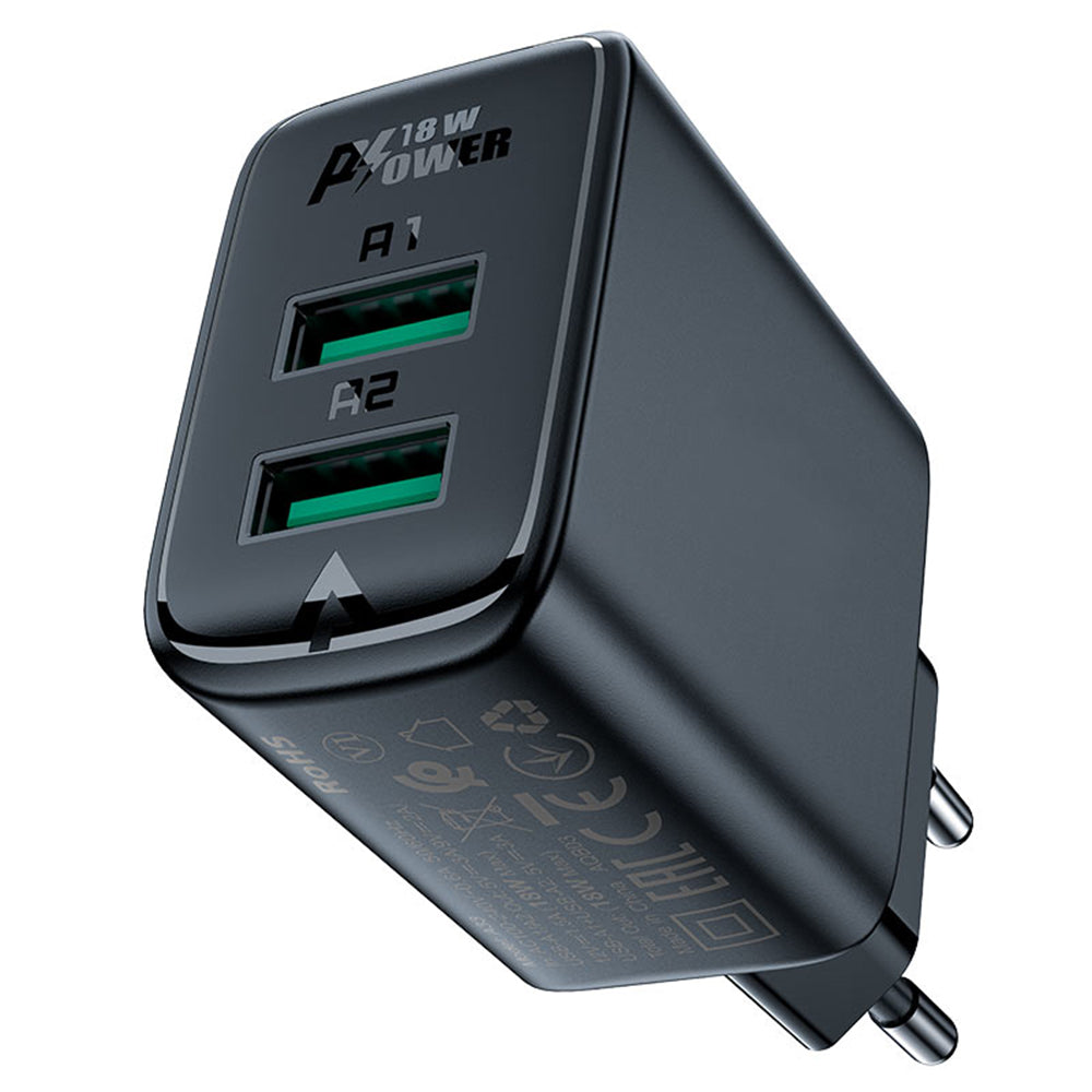 Nätverksladdare Acefast A33, 18W, 3A, 2 x USB-A, Svart