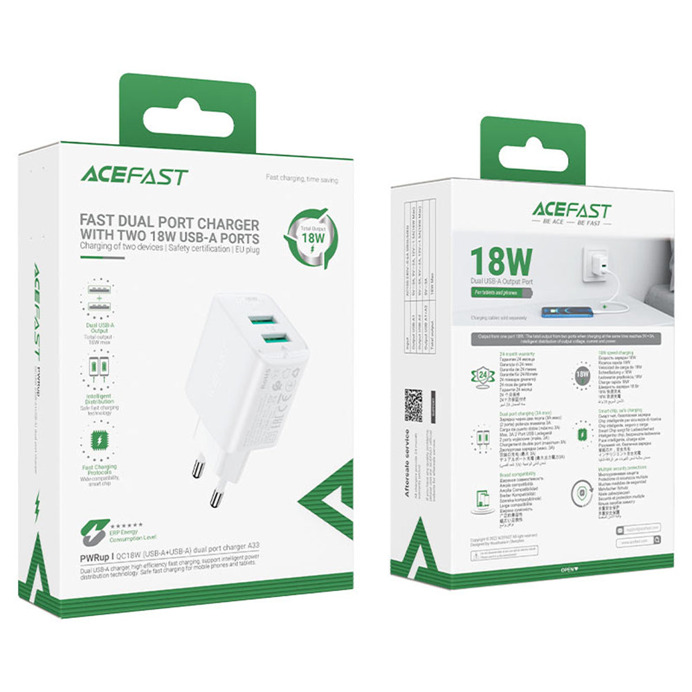 Nätverksladdare Acefast A33, 18W, 3A, 2 x USB-A, Svart