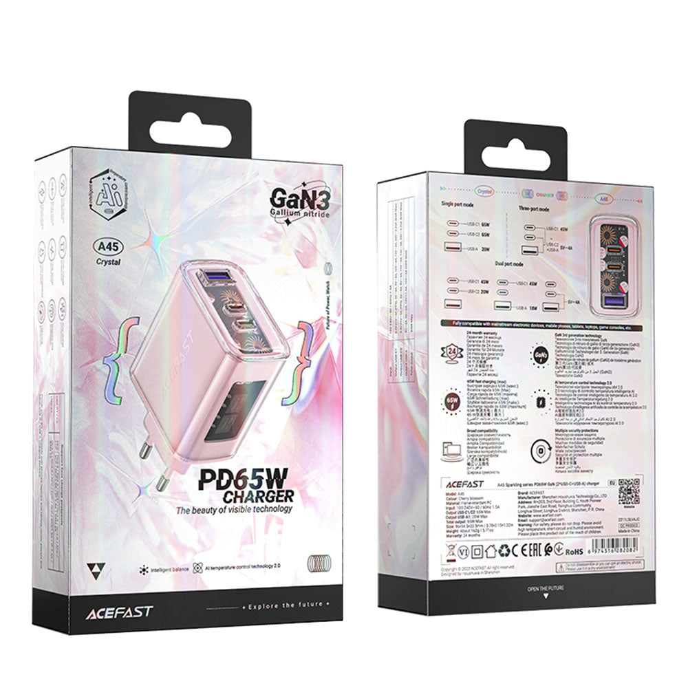 Nätverksladdare Acefast A45 Exploration, 65W, 3.25A, 1 x USB-A - 2 x USB-C, Rosa