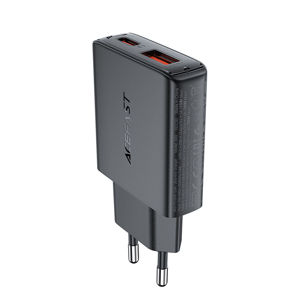 Nätverksladdare Acefast A69, 30W, 3A, 1 x USB-A - 1 x USB-C, Svart