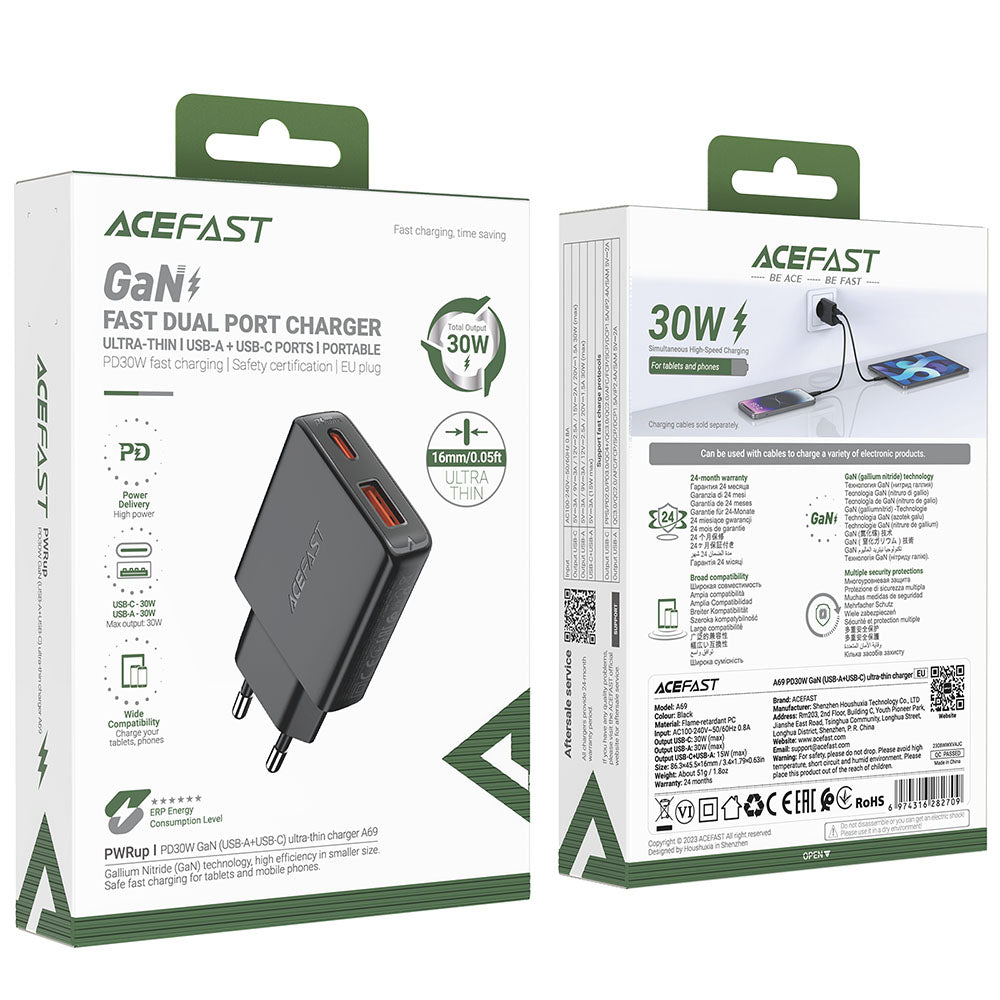 Nätverksladdare Acefast A69, 30W, 3A, 1 x USB-A - 1 x USB-C, Svart