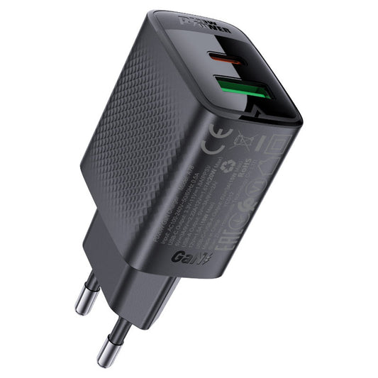 Nätverksladdare Acefast A78, 20W, 3A, 1 x USB-A - 1 x USB-C, Svart