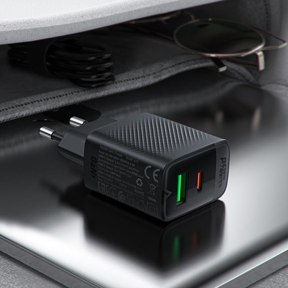Acefast A78 Network Charger, 20W, 3A, 1 x USB-A - 1 x USB-C, Black