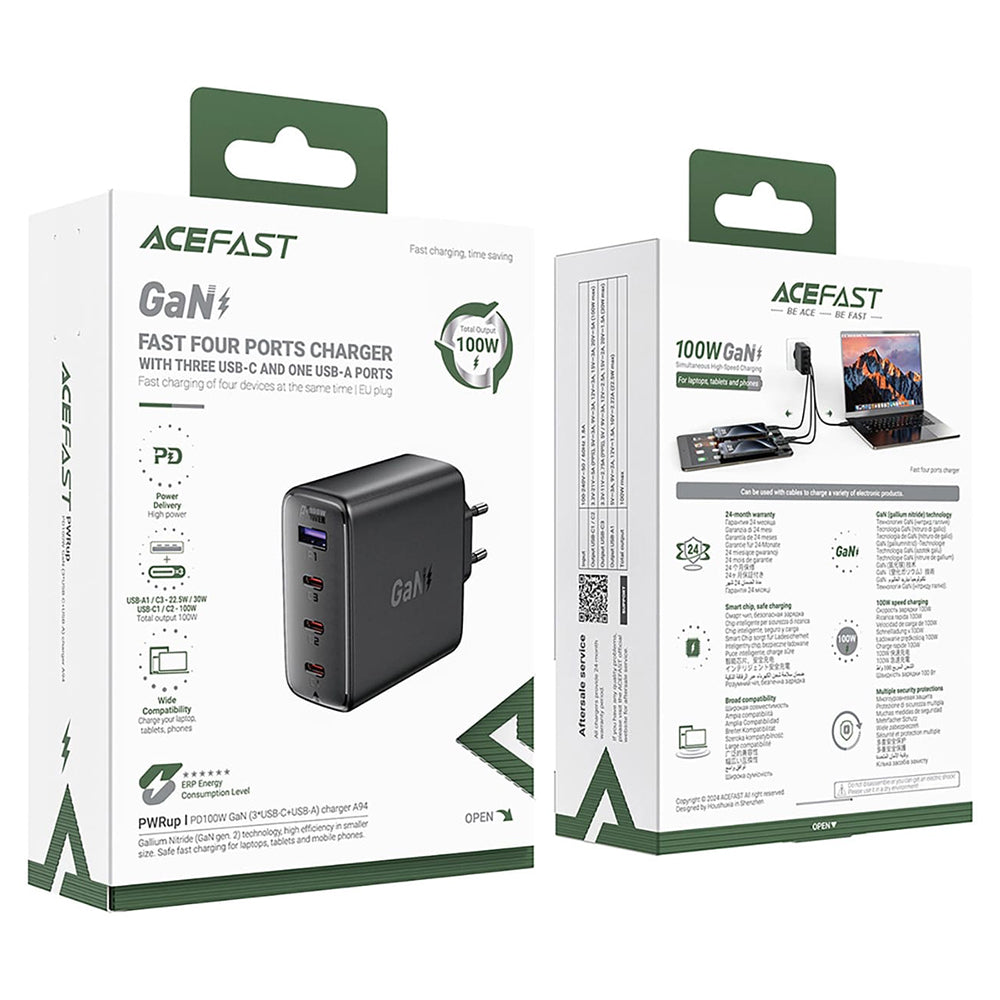 Nätverksladdare Acefast A94, 100W, 5A, 1 x USB-A - 3 x USB-C, Svart