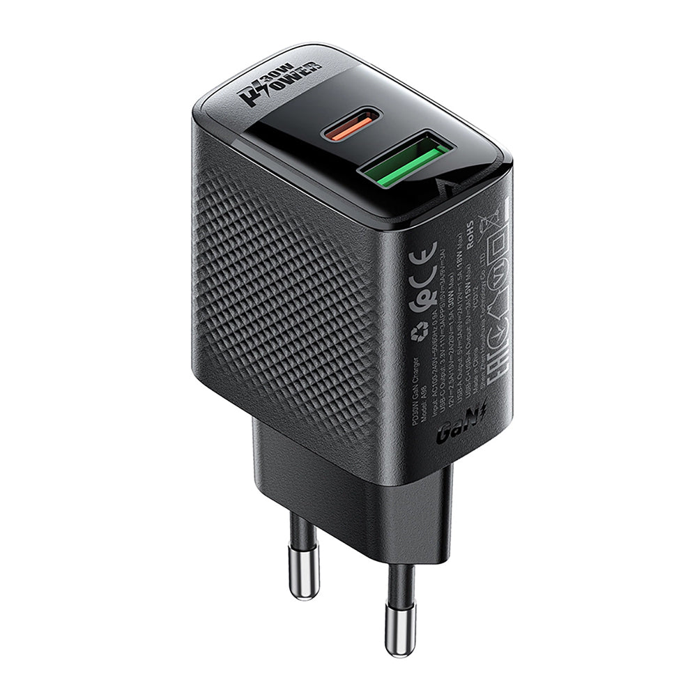 Nätverksladdare Acefast A98, 30W, 3A, 1 x USB-A - 1 x USB-C, Svart