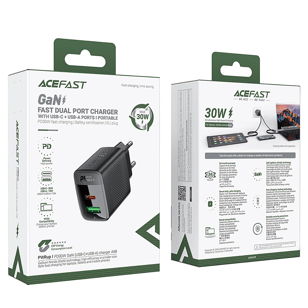 Nätverksladdare Acefast A98, 30W, 3A, 1 x USB-A - 1 x USB-C, Svart