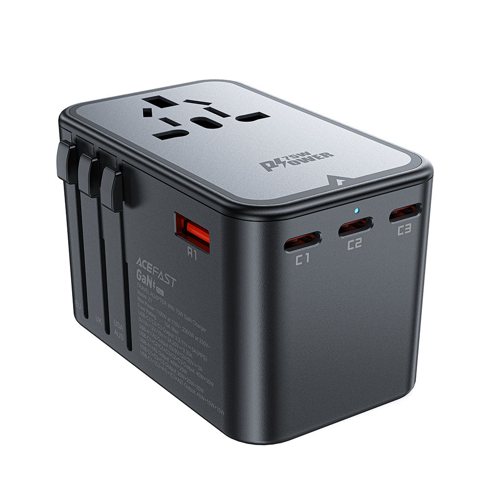 Acefast Travel Z1 nätverksladdare, 75W, 3.35A, 2 x USB-A - 3 x USB-C, Svart