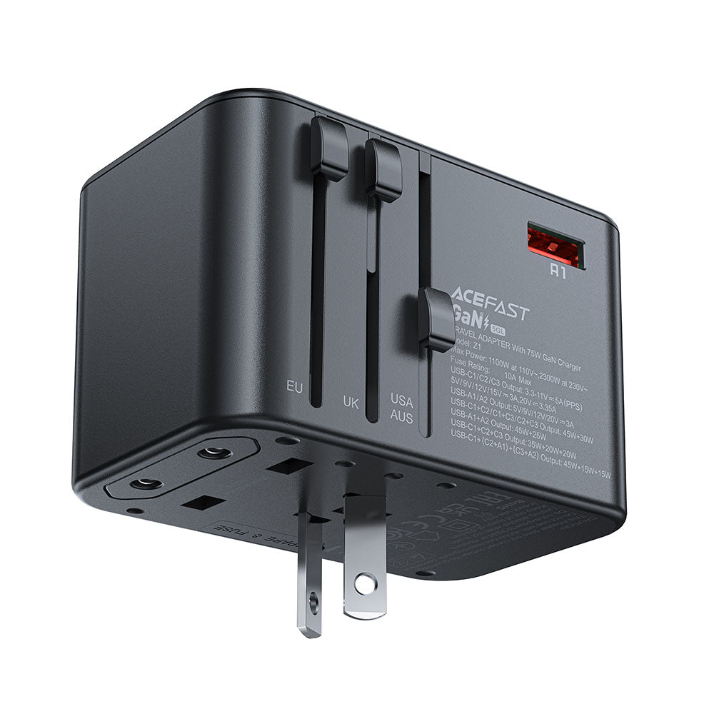 Acefast Travel Z1 nätverksladdare, 75W, 3.35A, 2 x USB-A - 3 x USB-C, Svart