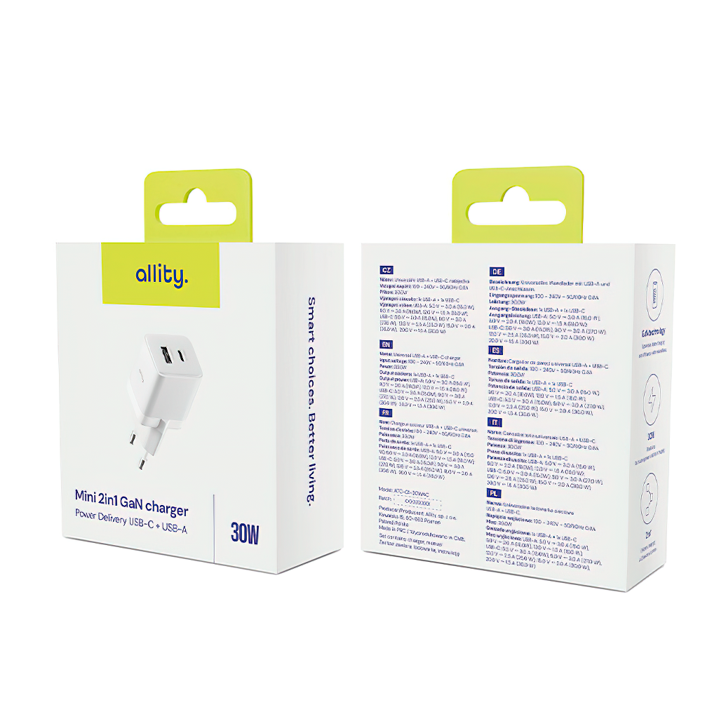 Nätverksladdare Allity. ATC-01-30WAC Mini, 30W, 3A, 1 x USB-A - 1 x USB-C, Vit