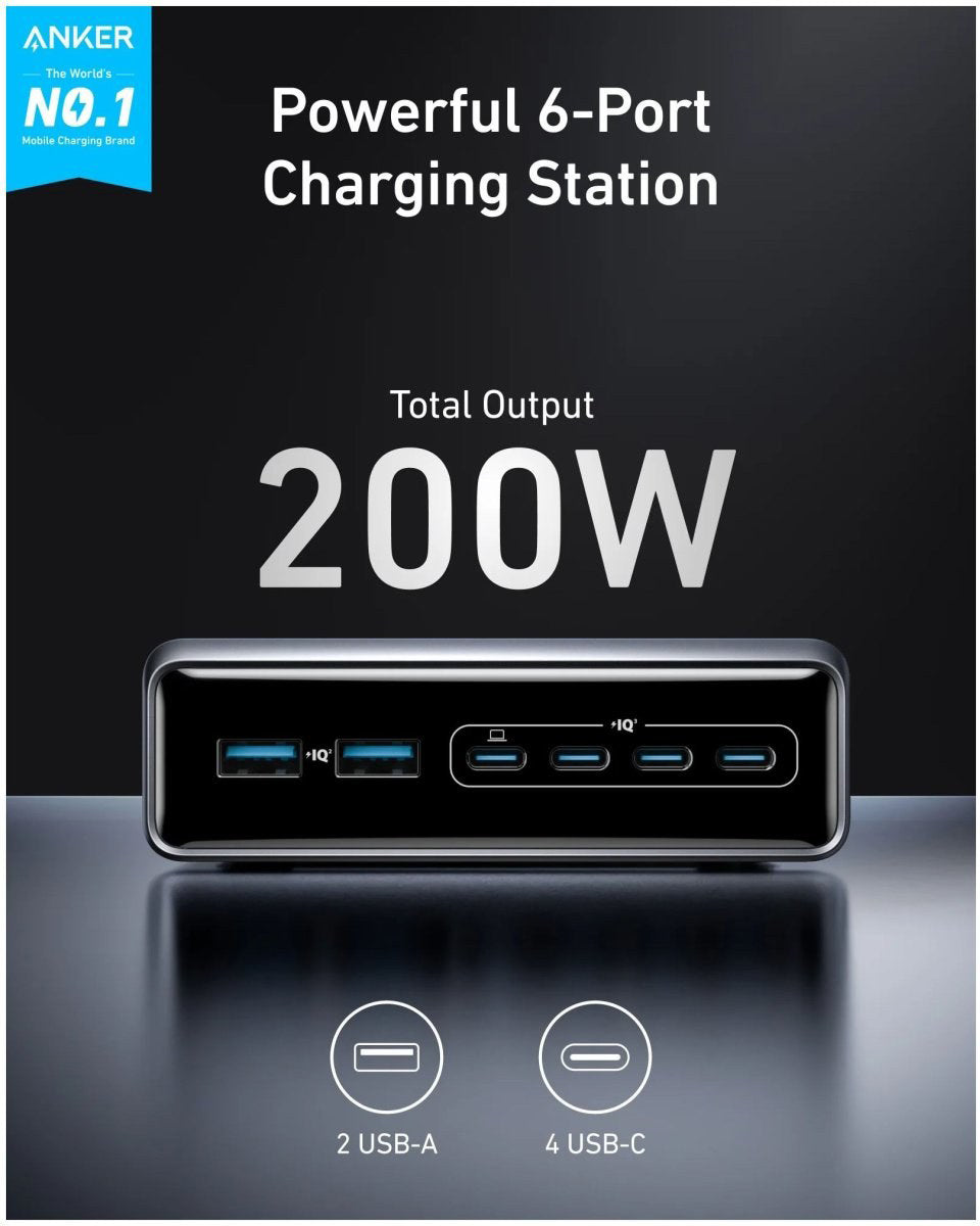 Anker Prime Station Laddare, 200W, 3A, 2 x USB-A - 4 x USB-C, Svart A2683341