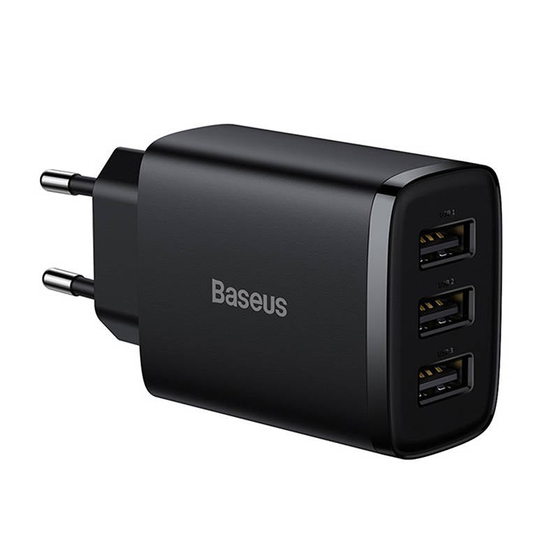 Nätverksladdare Baseus Compact 3U, 17W, 2,1A, 3 x USB-A, svart CCXJ020101