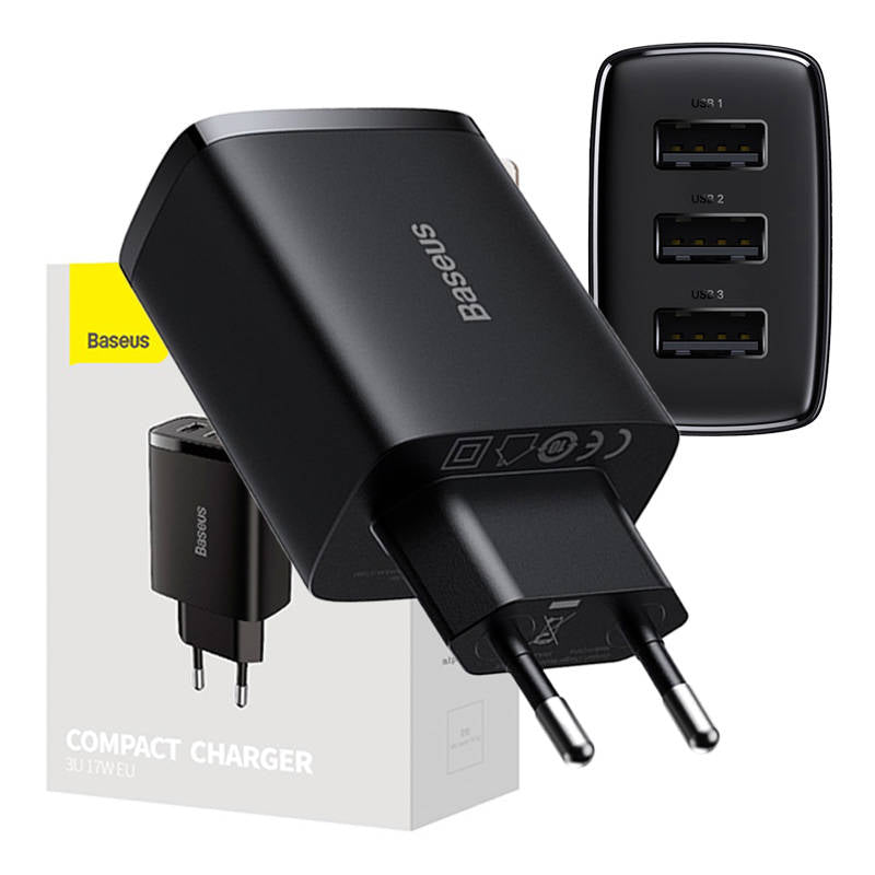 Nätverksladdare Baseus Compact 3U, 17W, 2,1A, 3 x USB-A, svart CCXJ020101