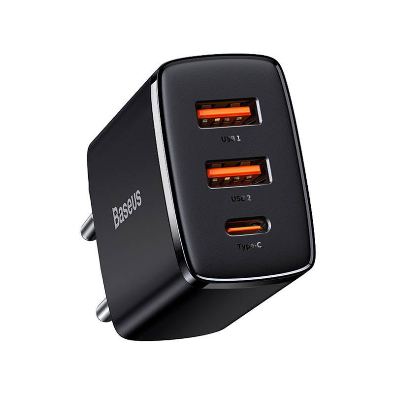 Baseus kompakt nätverksladdare, 30W, 3A, 1 x USB-C - 2 x USB-A, svart CCXJ-E01