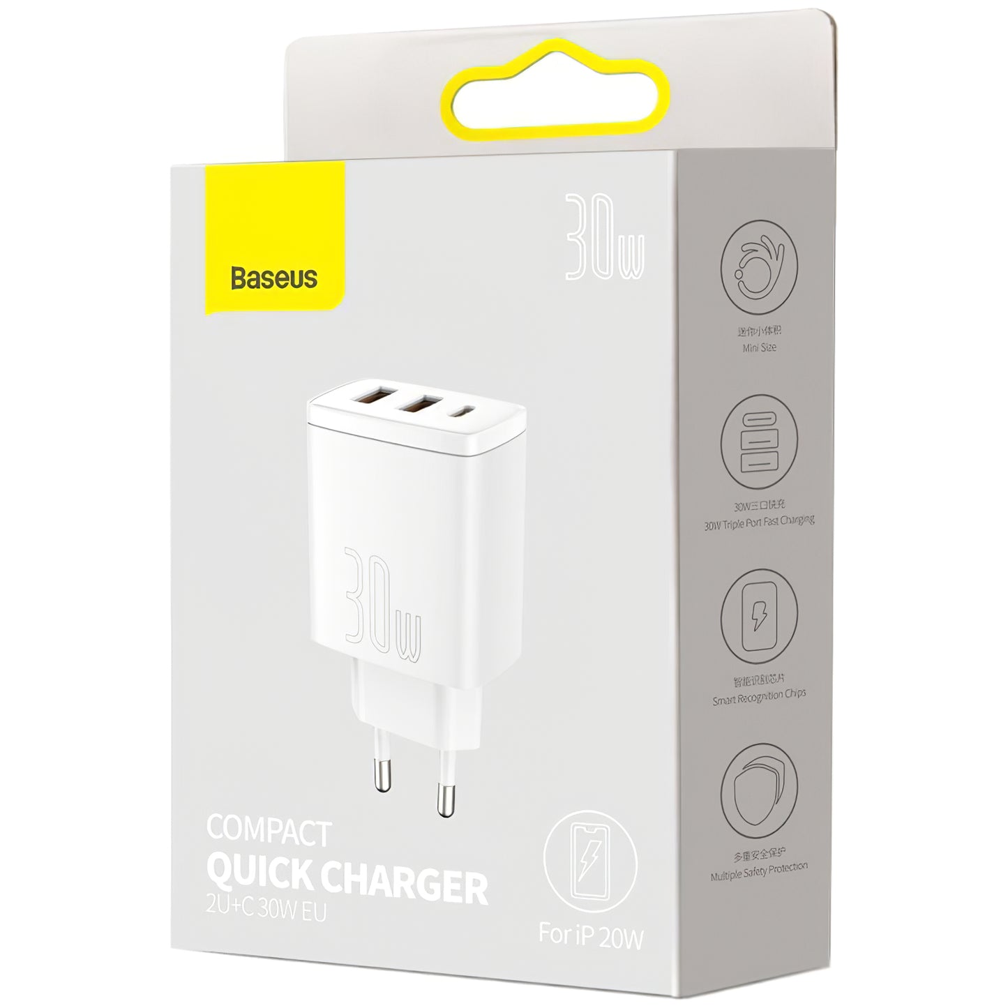 Nätverksladdare Baseus Compact, 30W, 1 x USB-C - 2 x USB-A, Vit CCXJ-E02
