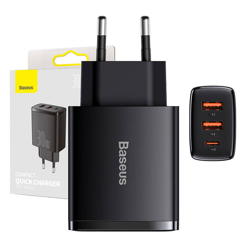 Baseus kompakt nätverksladdare, 30W, 3A, 1 x USB-C - 2 x USB-A, svart CCXJ-E01