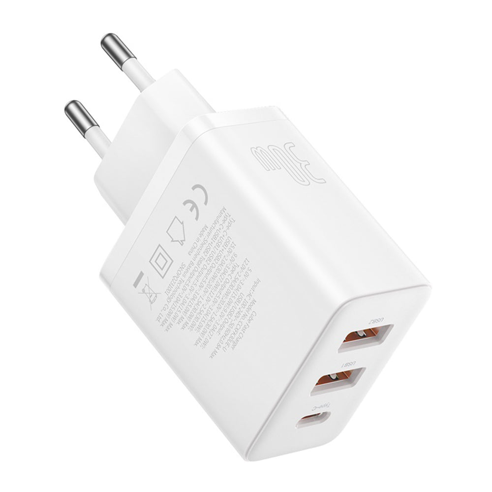 Baseus Cube nätverksladdare, 30W, 3A, 2 x USB-A - 1 x USB-C, Vit P10111402213-00