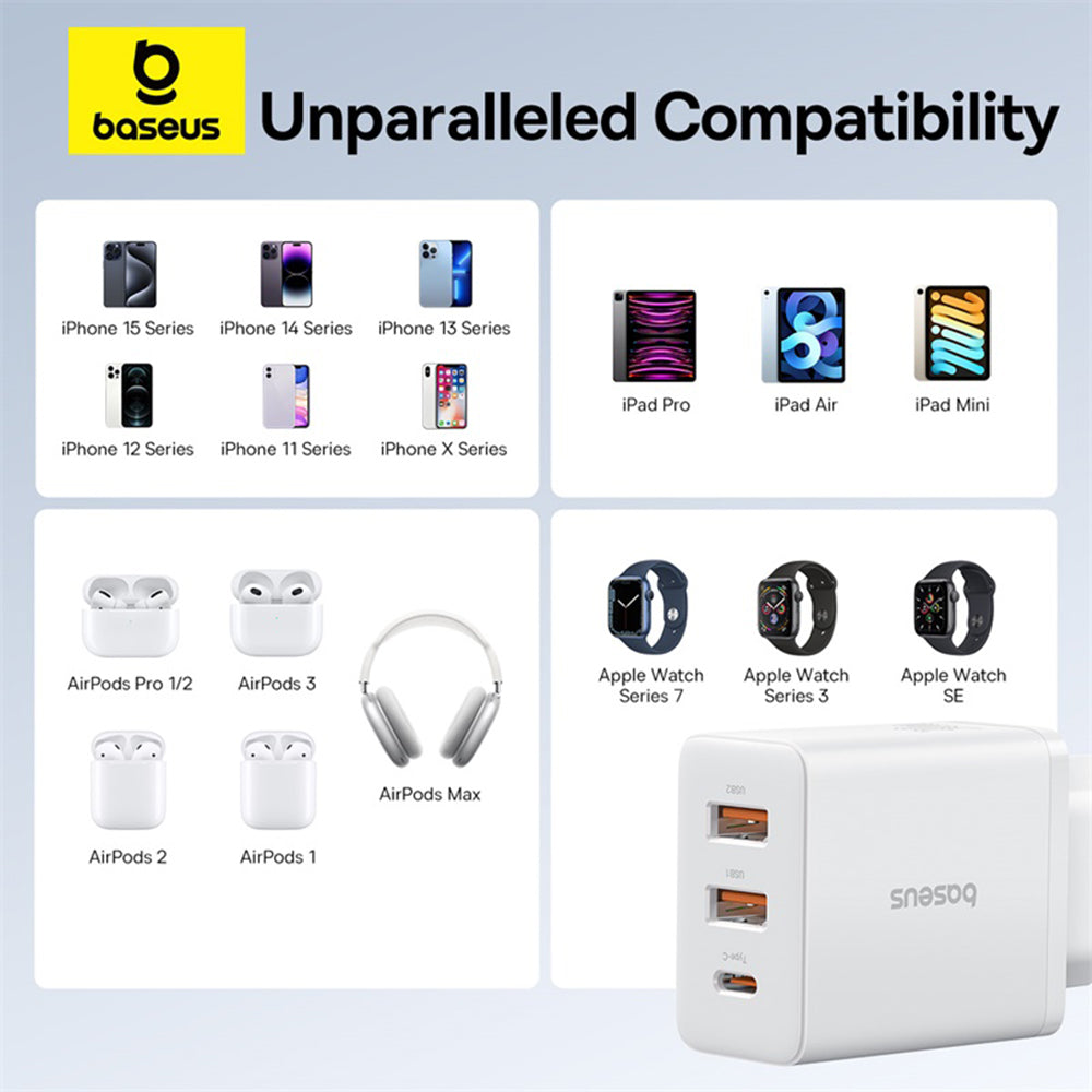 Baseus Cube nätverksladdare, 30W, 3A, 2 x USB-A - 1 x USB-C, Vit P10111402213-00