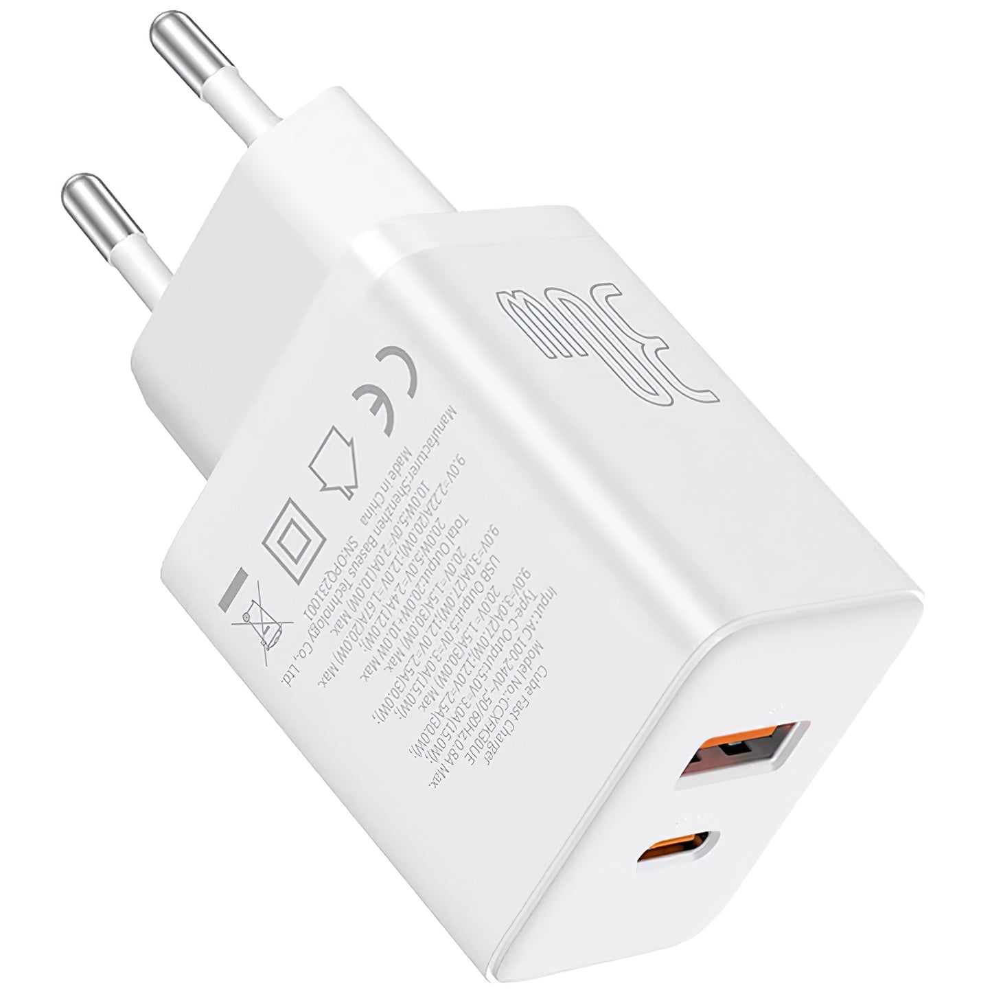 Nätverksladdare Baseus Cube, 30W, 2,4A, 1 x USB-A - 1 x USB-C, vit P10111404213-00
