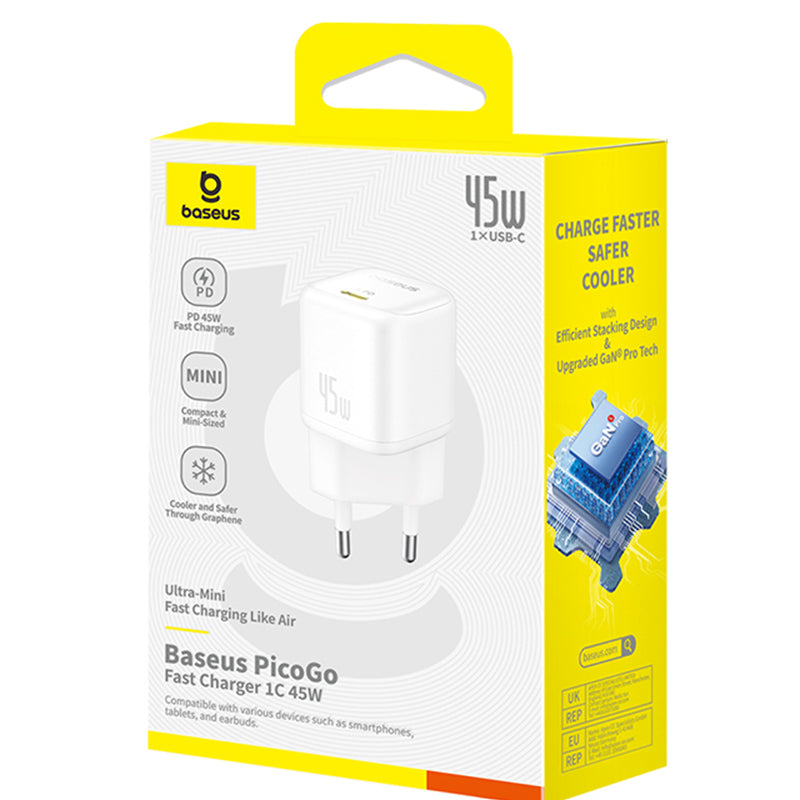 Baseus PicoGo nätverksladdare, 45W, 3A, 1 x USB-C, Vit P10176800213-00