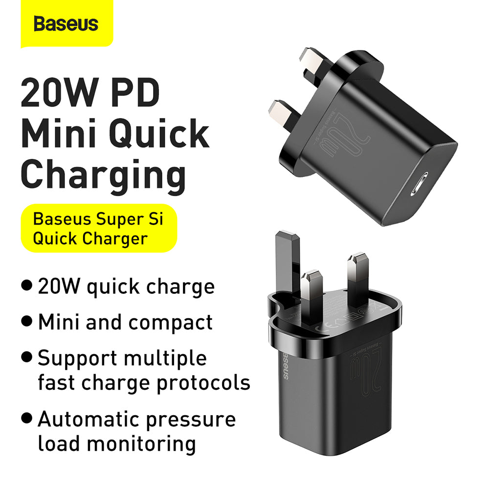 Baseus Super Si UK nätverksladdare, 20W, 3A, 1 x USB-C, Svart CCSUP-K01
