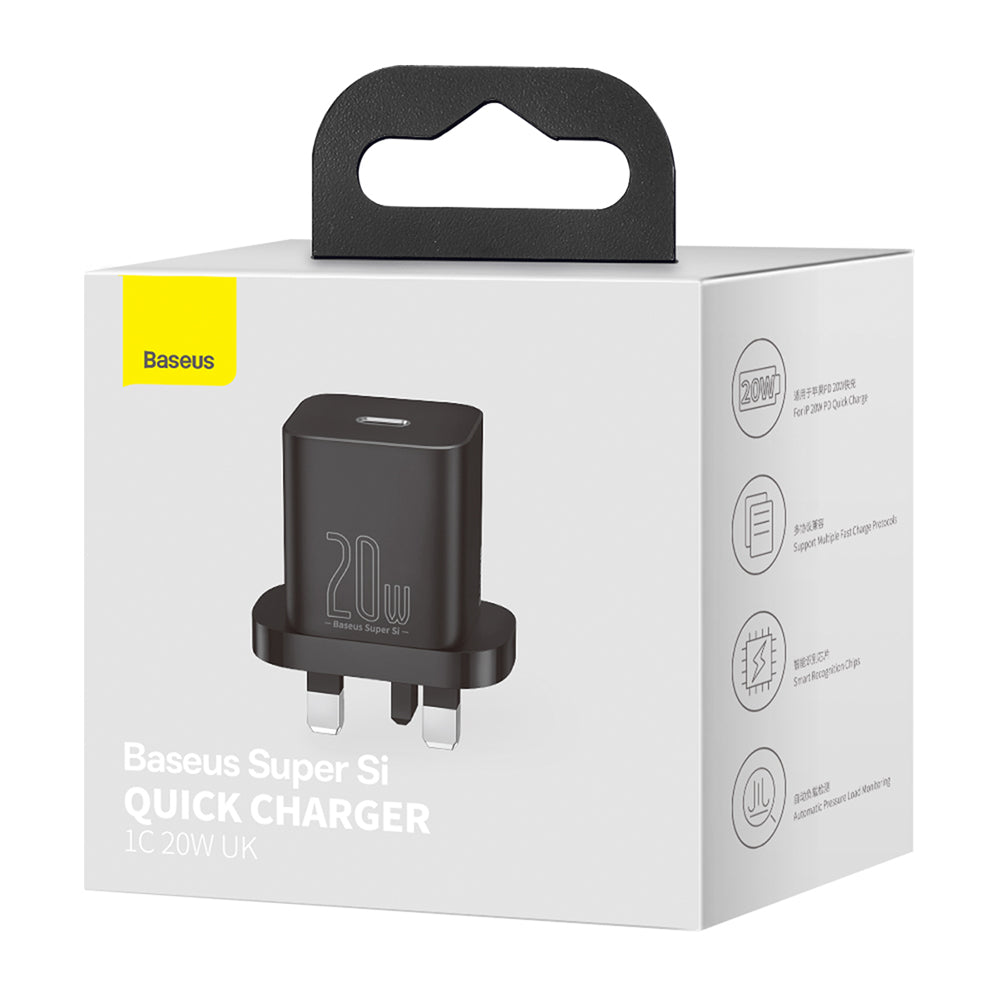 Baseus Super Si UK nätverksladdare, 20W, 3A, 1 x USB-C, Svart CCSUP-K01