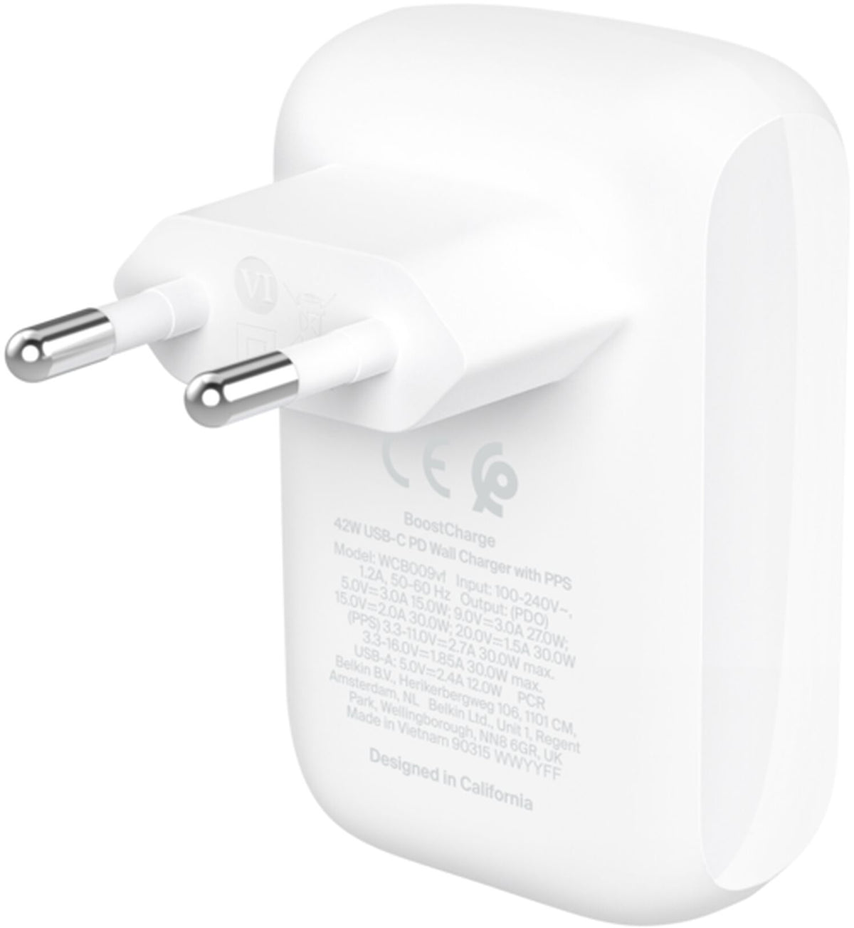 Belkin BoostCharge Dual nätadapter, 42W, 3A, 1 x USB-A - 1 x USB-C, Vit WCB009vfWH