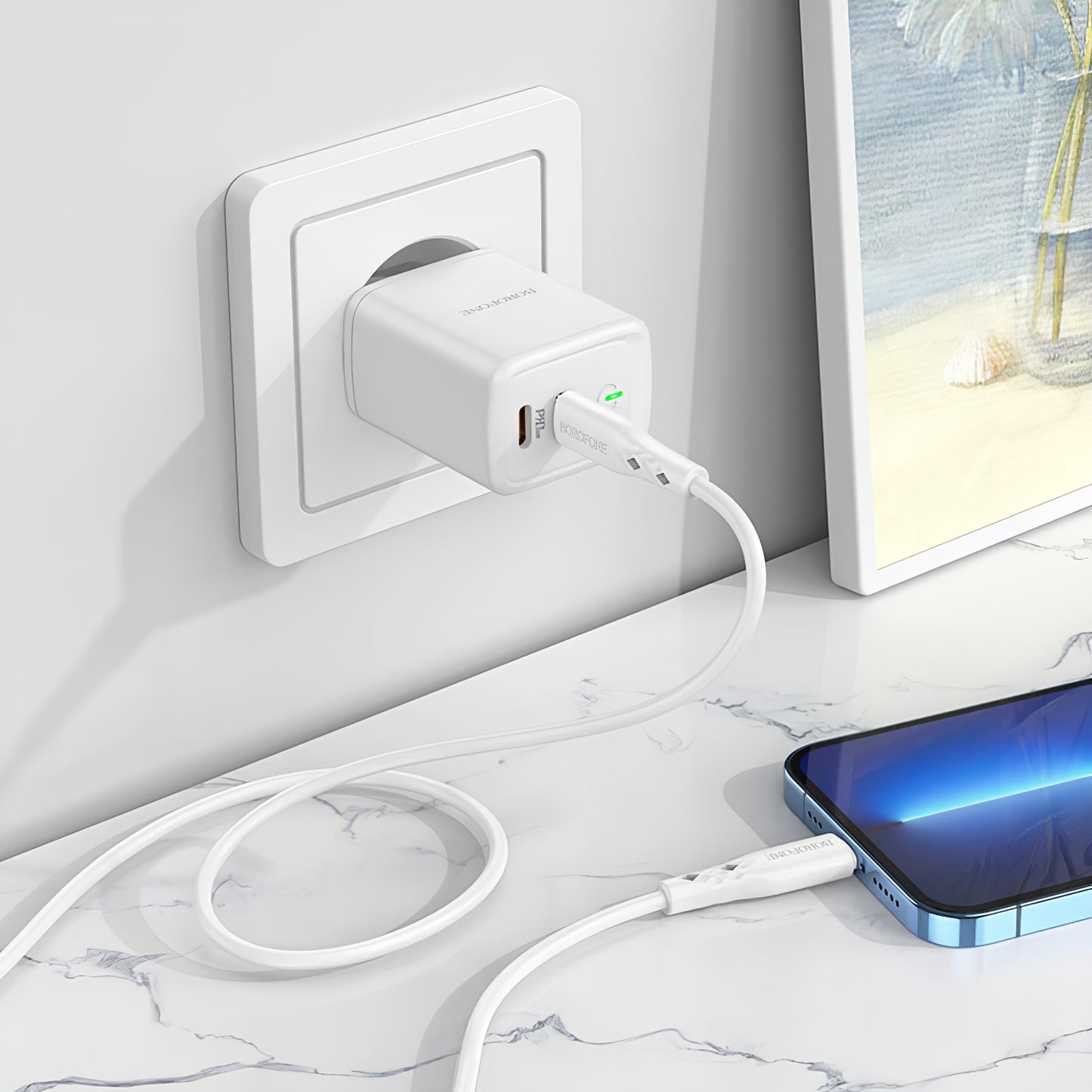 Nätverksladdare Borofone BN9, 35W, 3A, 2 x USB-C, Vit